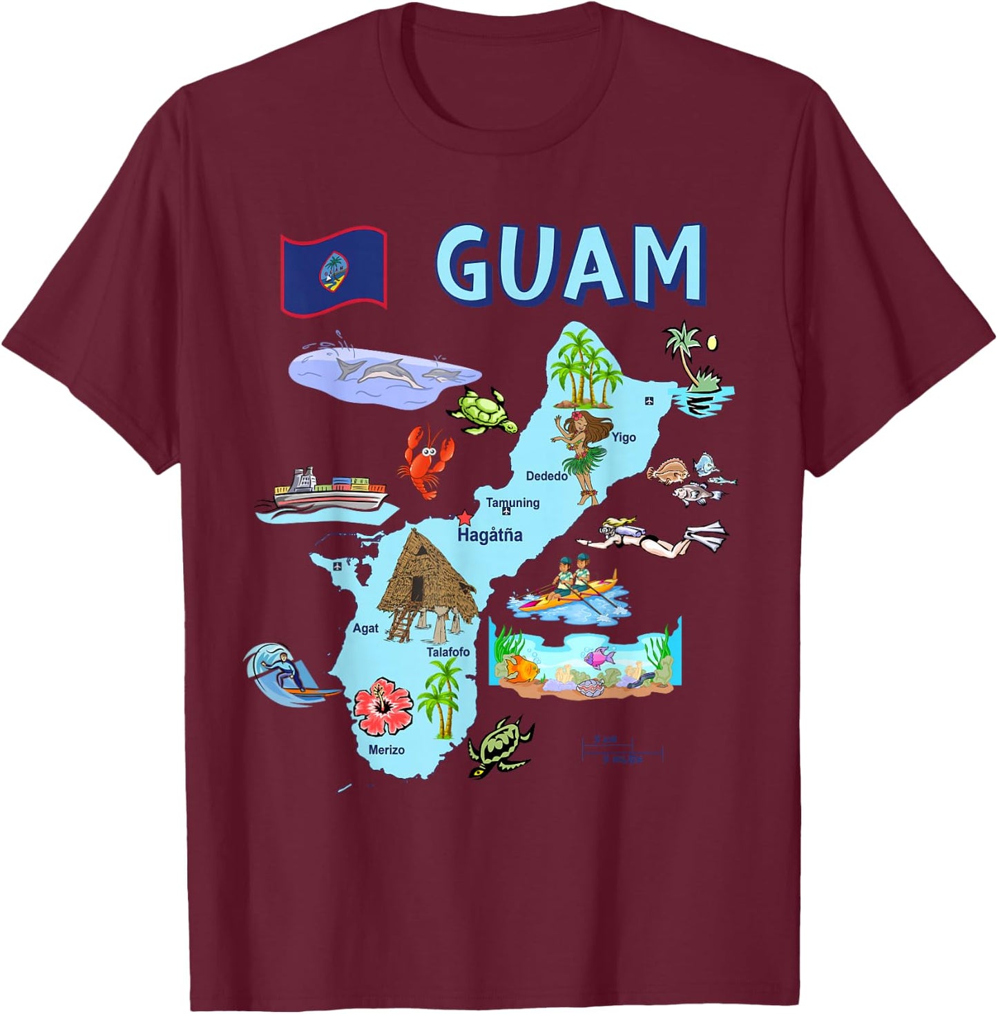 Tourist attractions map of Guam, major cities, flag, USA T-Shirt - T-Shirt | Maroon