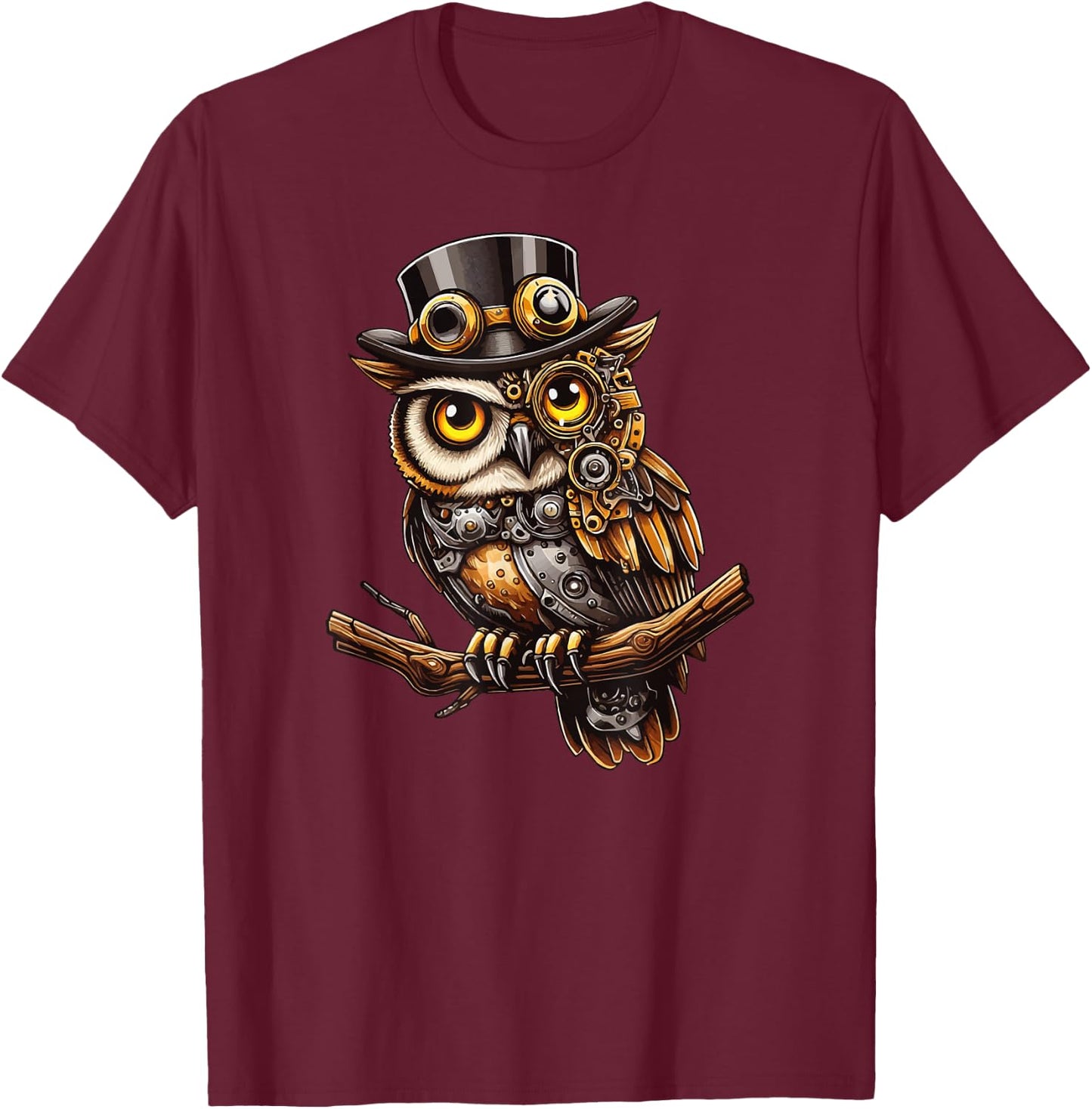 Mechanical Steampunk Barn Owl Clockwork Fantasy Animal T-Shirt - T-Shirt | Maroon