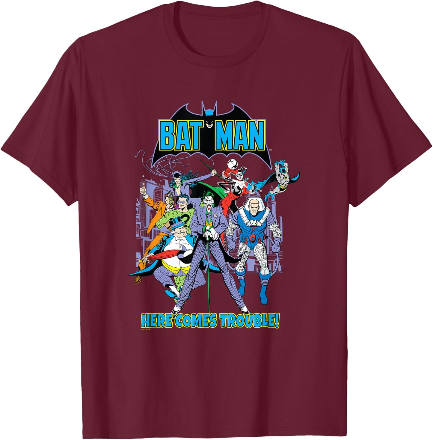 DC Comics Batman Here Comes Trouble! Villain Team Group Shot T-Shirt - T-Shirt | Maroon