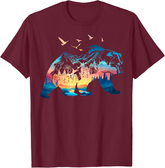 Bear Nature Outdoor Mountains Forest Trees Bear Wildlife T-Shirt - T-Shirt | Maroon
