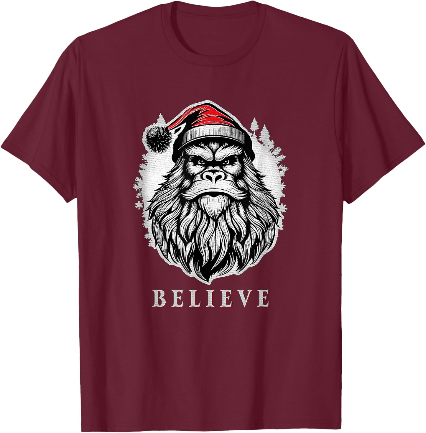 Christmas Bigfoot - Christmas Sasquatch - Cryptid Christmas T-Shirt - T-Shirt | Maroon