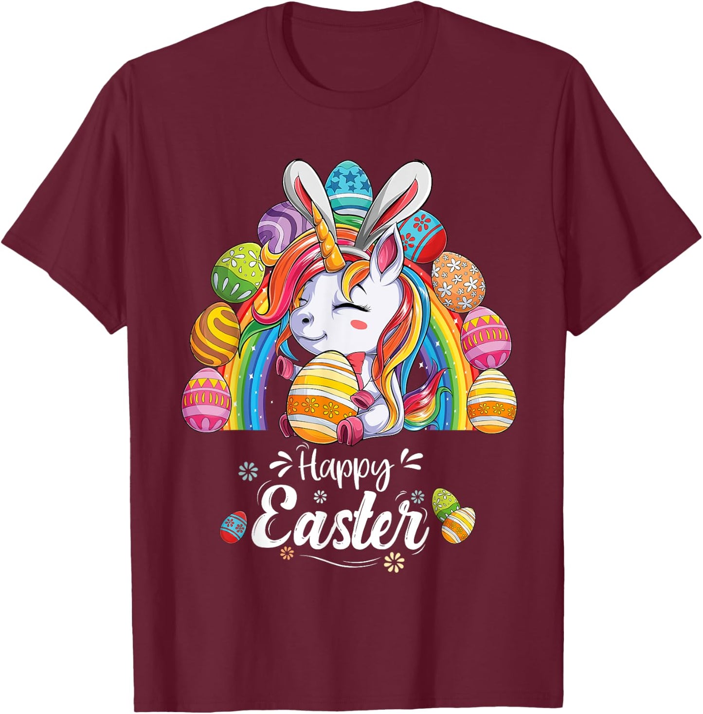 Unicorn Happy Easter Day bunny Rainbow egg Girls Kids T-Shirt - T-Shirt | Maroon
