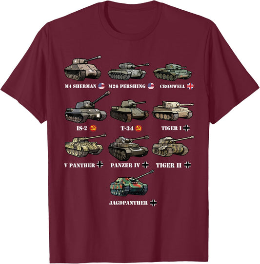 WW2 Tanks M4 Sherman Panzer IV Tiger II T-34 History Buff T-Shirt - T-Shirt | Maroon