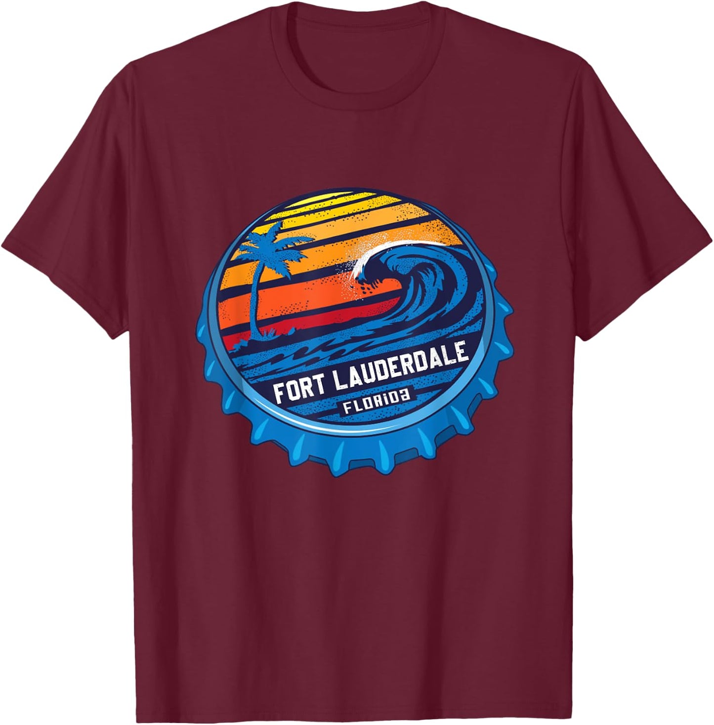 Palm Tree Ocean Wave On Bottle Cap Fort Lauderdale Florida T-Shirt - T-Shirt | Maroon