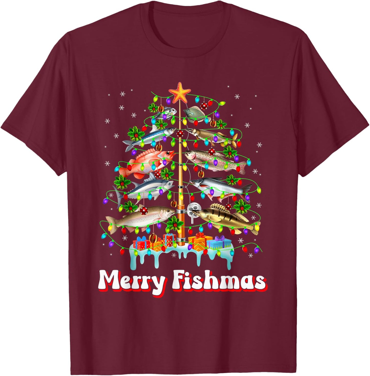 Merry Fishmas Christmas Tree Funny Fish Fishing Fisherman T-Shirt - T-Shirt | Maroon