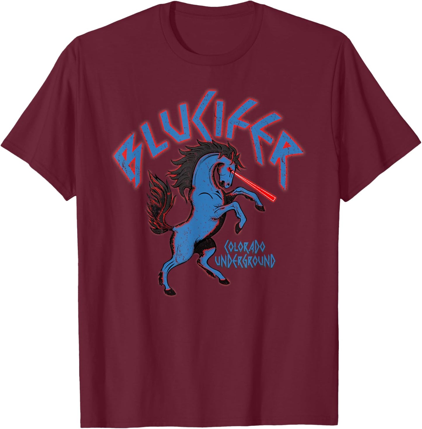 Colorado Flag and Blucifer The Blue Horse T-Shirt - T-Shirt | Maroon