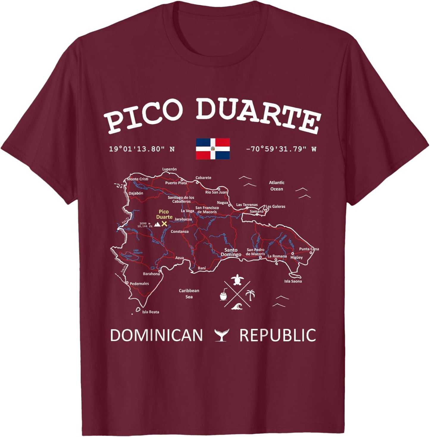 PICO DUARTE Dominican Republic Flag Map GPS Coordinates T-Shirt - T-Shirt | Maroon