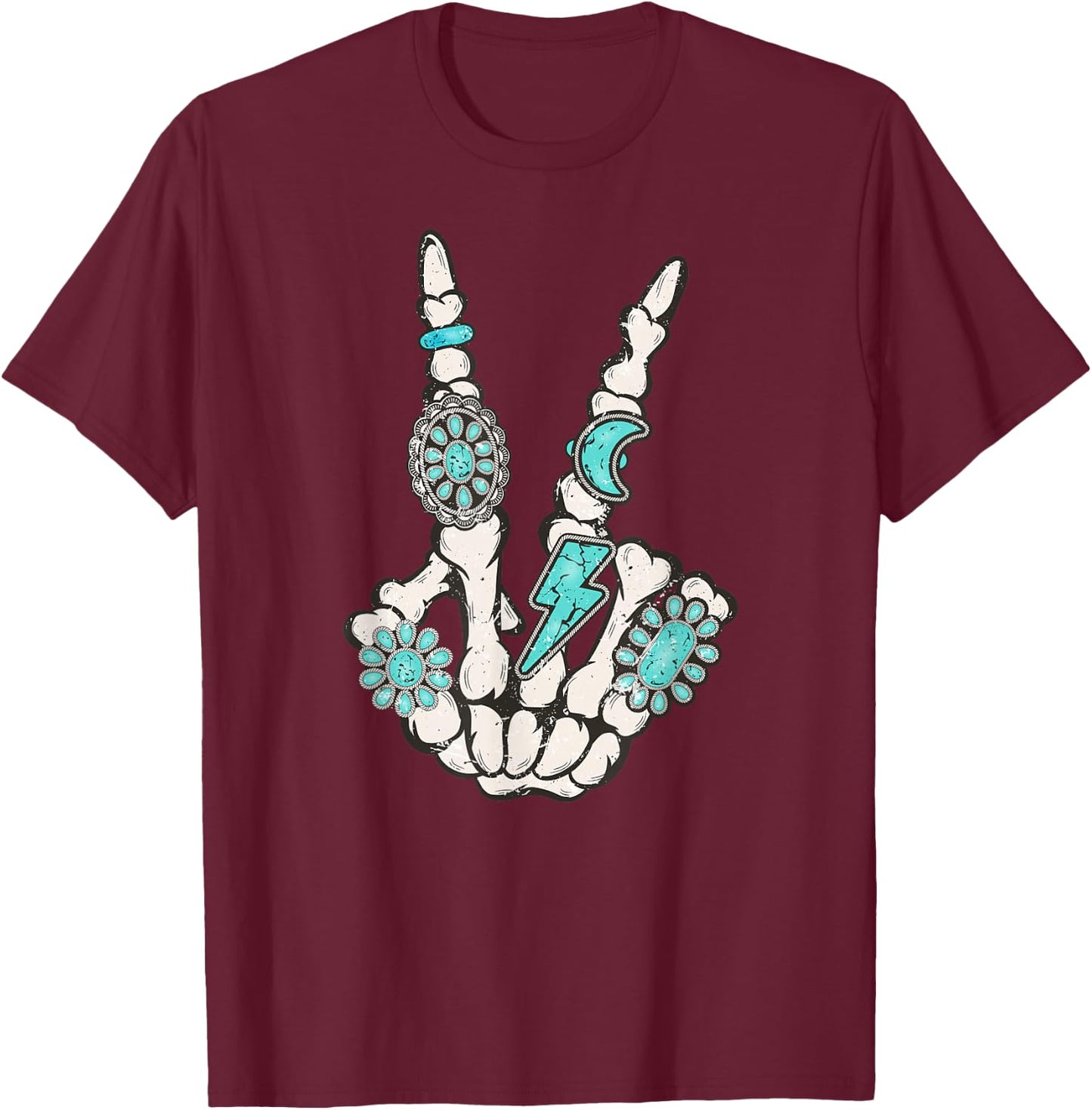 Skeleton Turquoise Hand Western Rodeo Cowboy Cowgirl T-Shirt - T-Shirt | Maroon