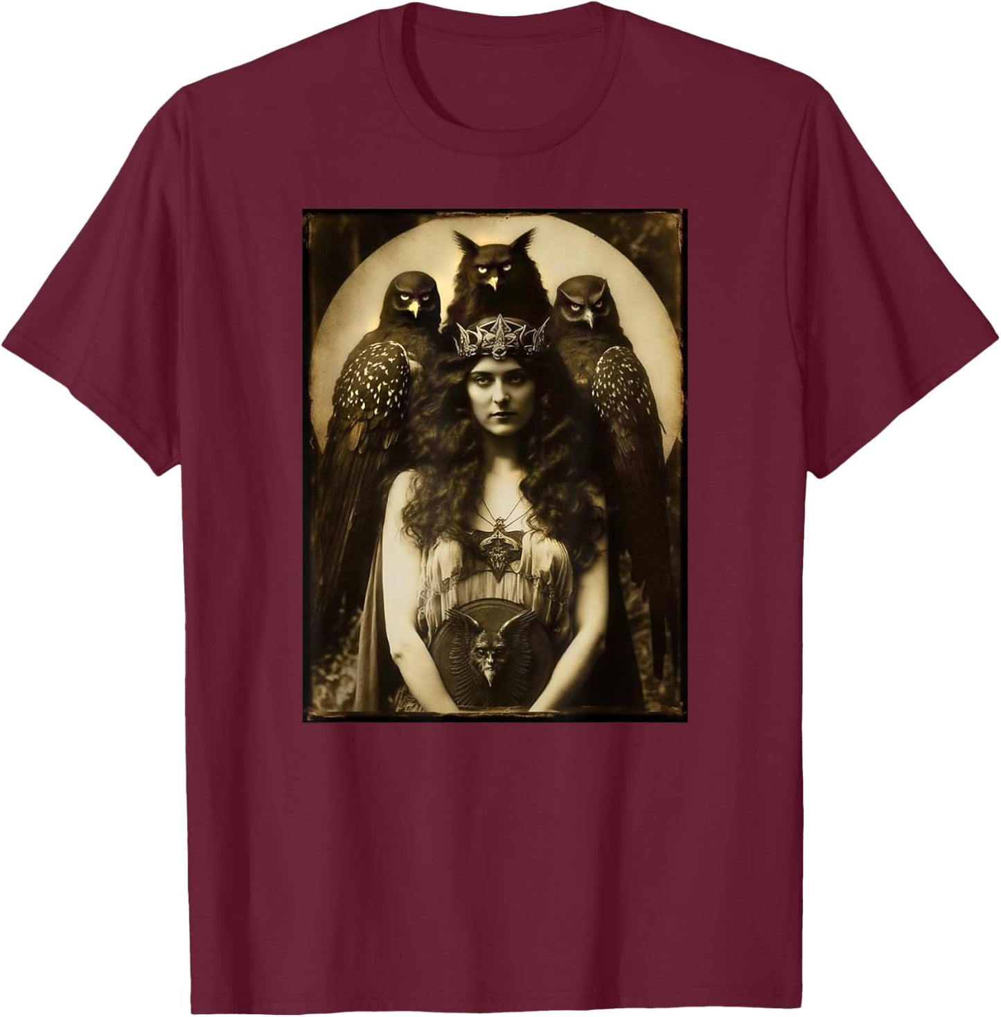 Vintage Witch Sorceress With Raptor Birds 1910s Photography T-Shirt - T-Shirt | Maroon