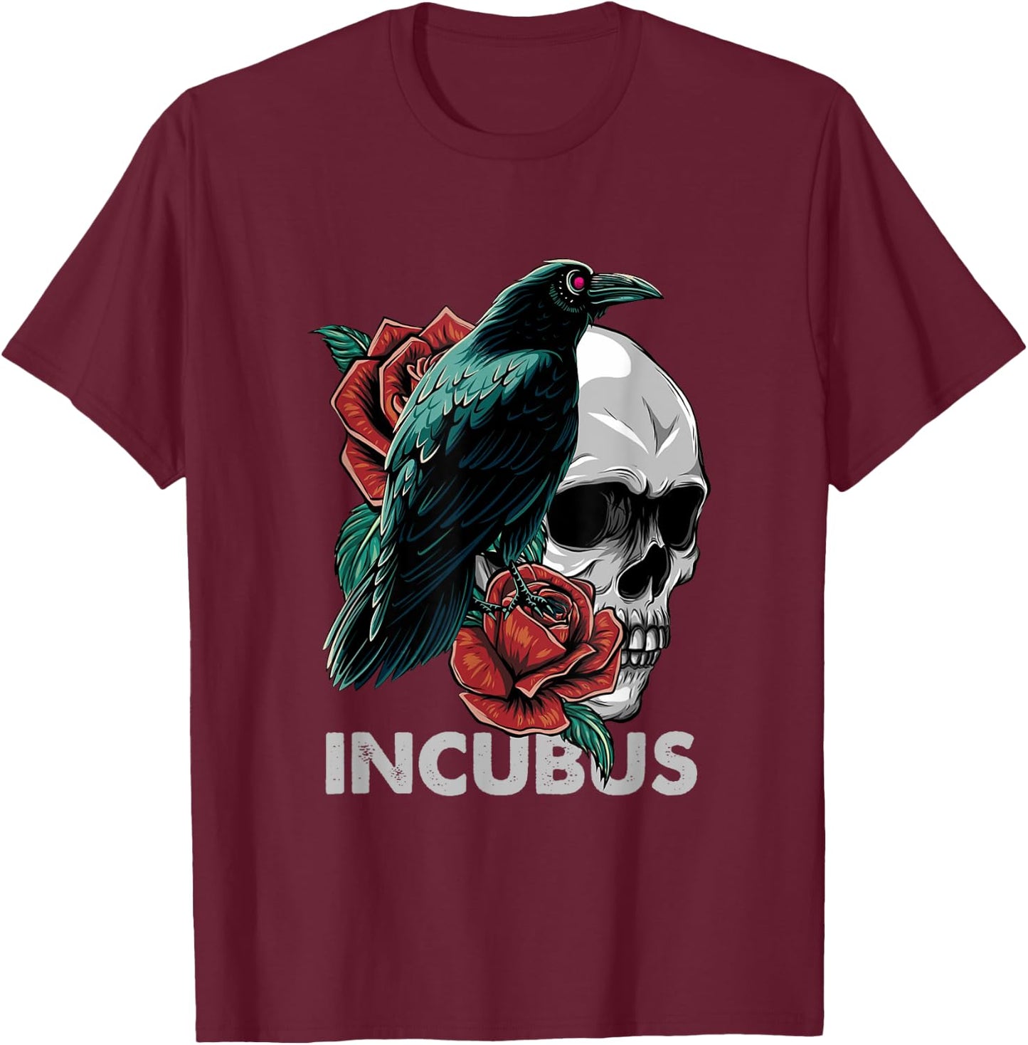 Halloween Graphic Incubus-Crow Left Skull Morning And Flower T-Shirt - T-Shirt | Maroon
