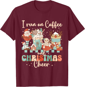 Groovy I Run On Coffee and Christmas Cheer Latte Cozy Winter T-Shirt - T-Shirt | Maroon