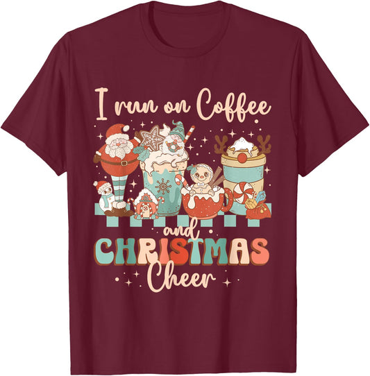 Groovy I Run On Coffee and Christmas Cheer Latte Cozy Winter T-Shirt - T-Shirt | Maroon