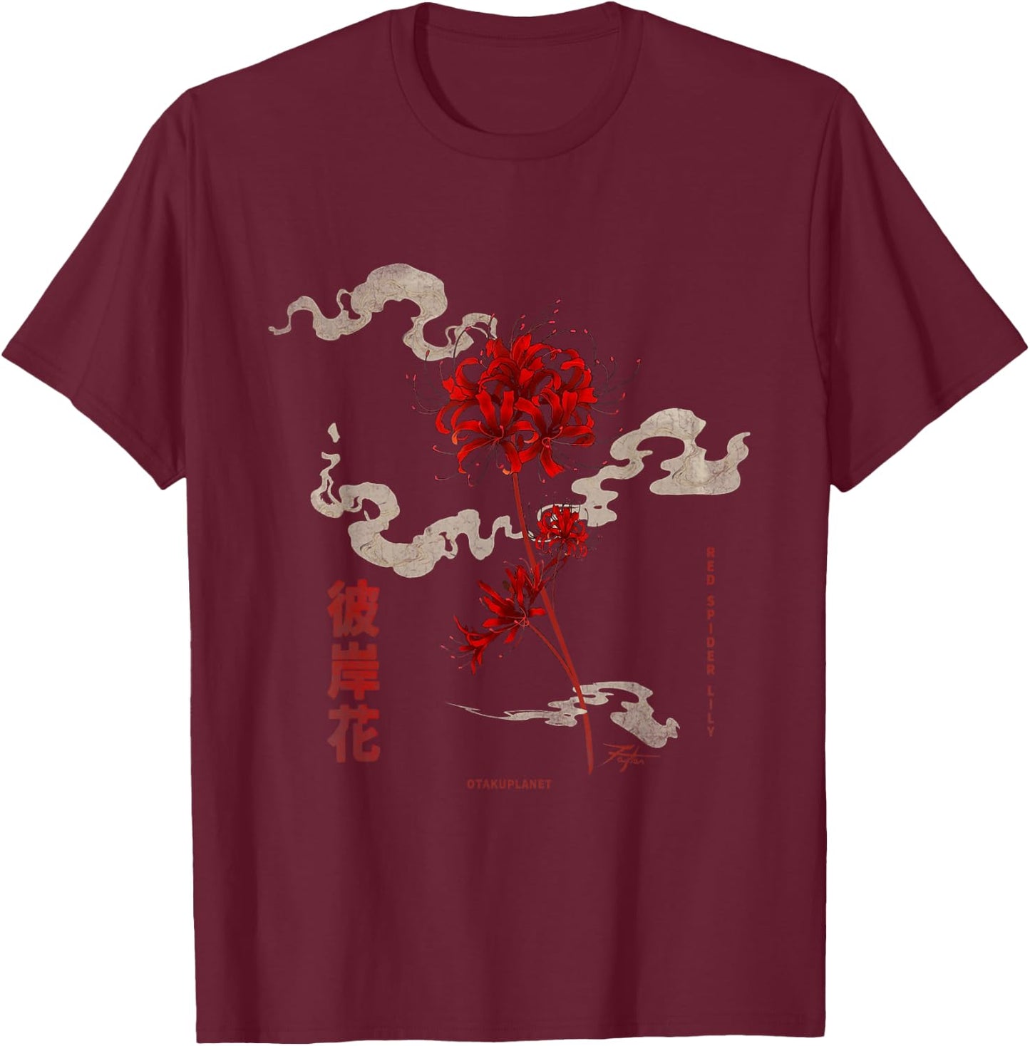 Higanbana or Red Spider Lily in 90s Harajuku Aesthetic Style T-Shirt - T-Shirt | Maroon