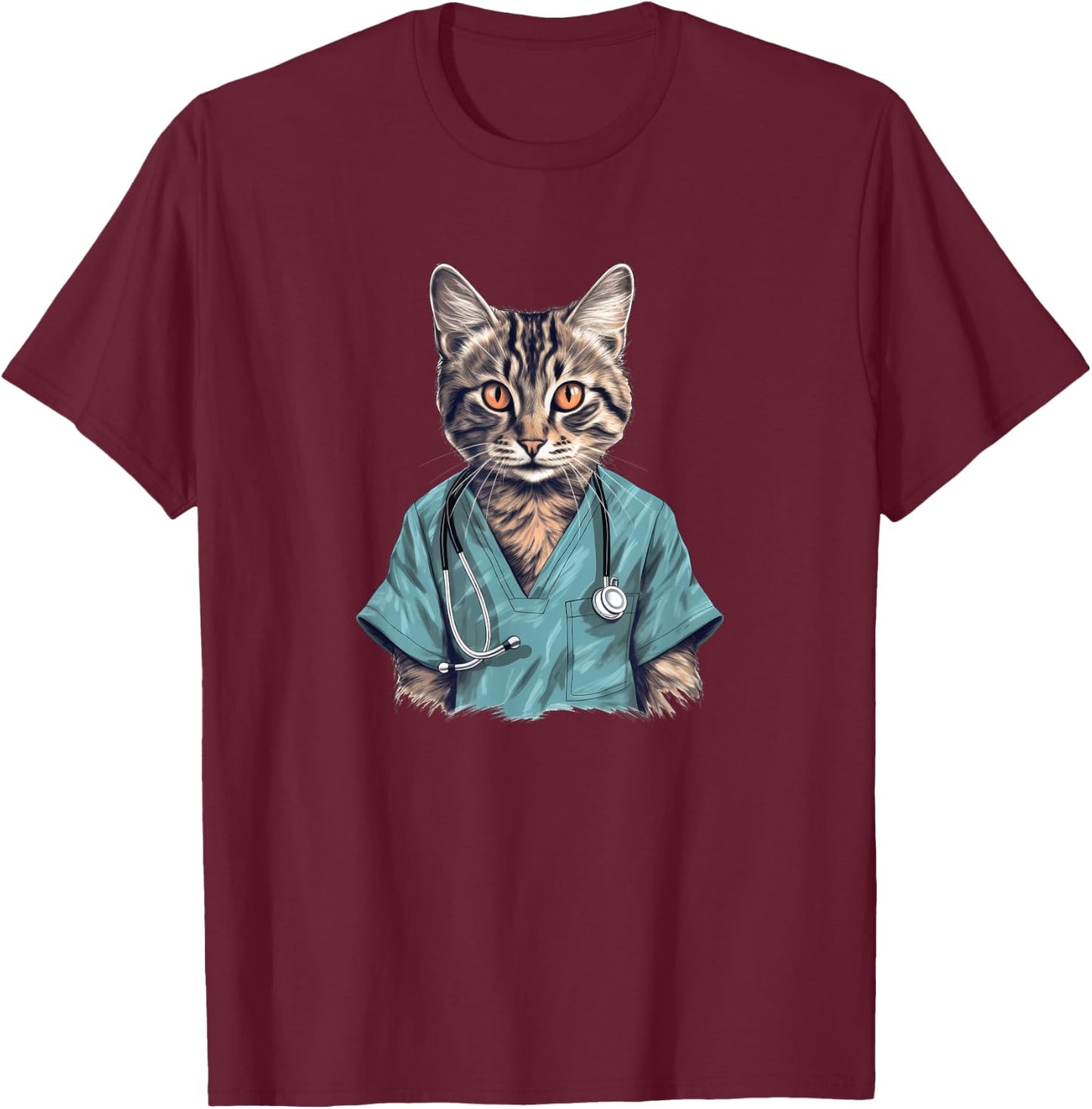 Funny Nurse Cat, Medical Doctor Kitty T-Shirt - T-Shirt | Maroon