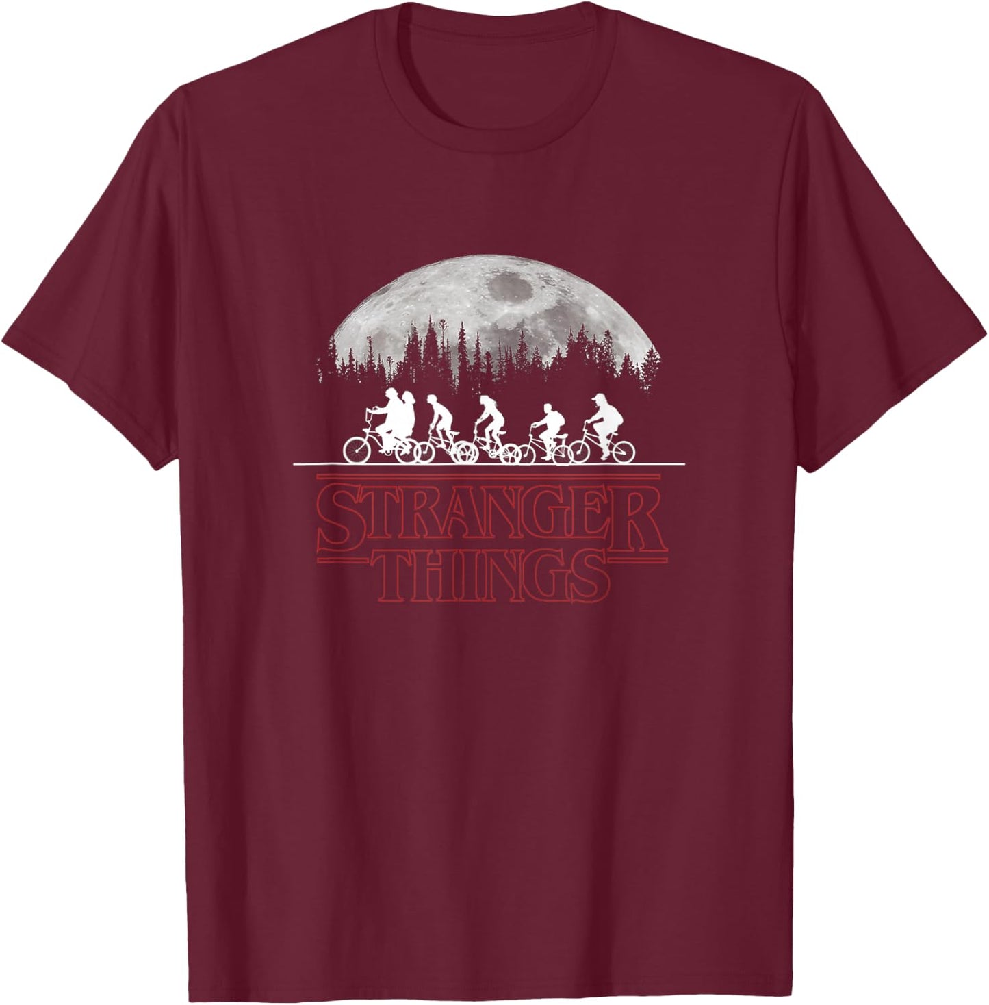 Stranger Things Kids Riding Bikes Under The Full Moon T-Shirt - T-Shirt | Maroon