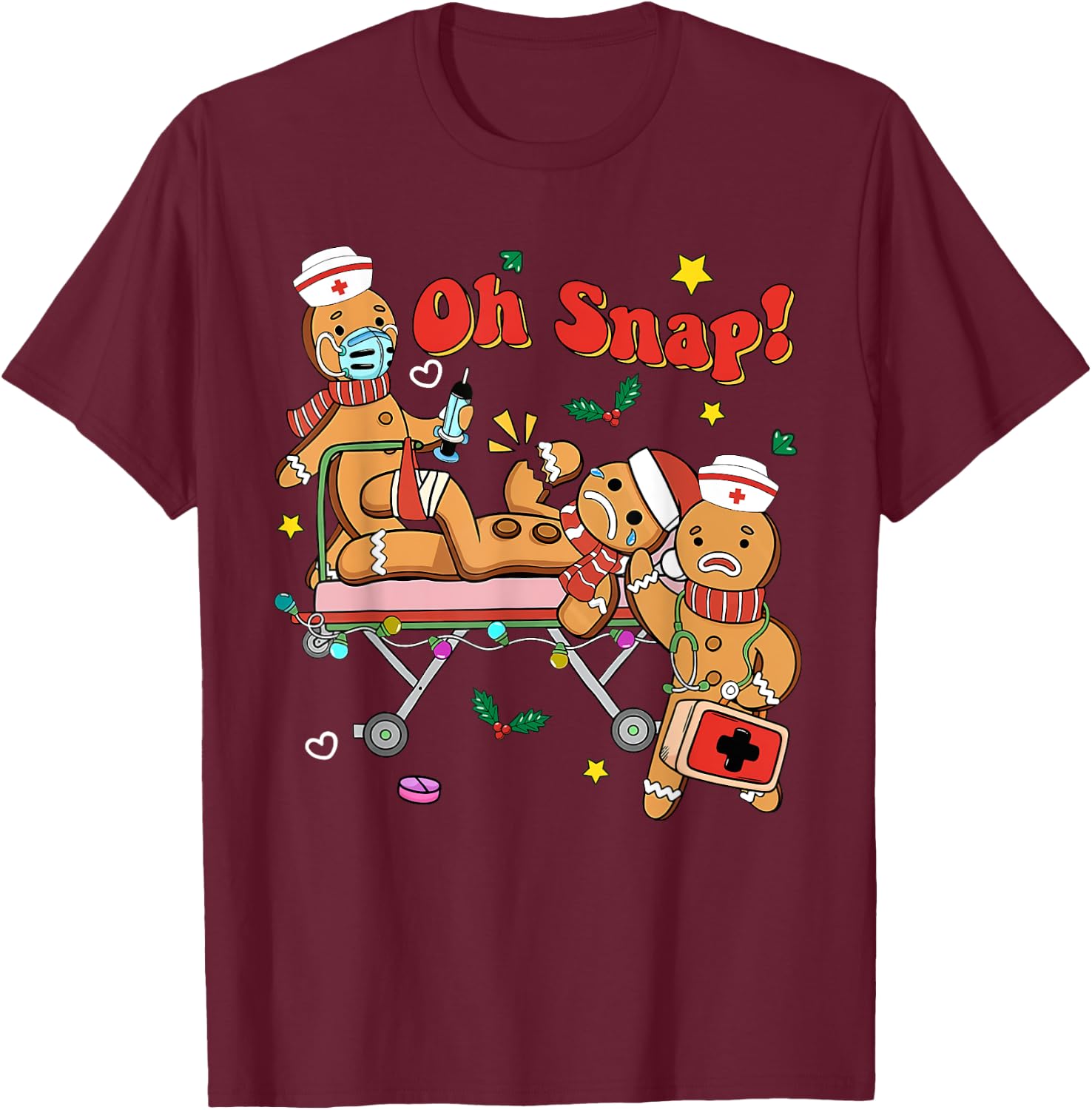 Oh Snap Gingerbread Nurse Christmas Xmas Groovy Retro Funny T-Shirt - T-Shirt | Maroon