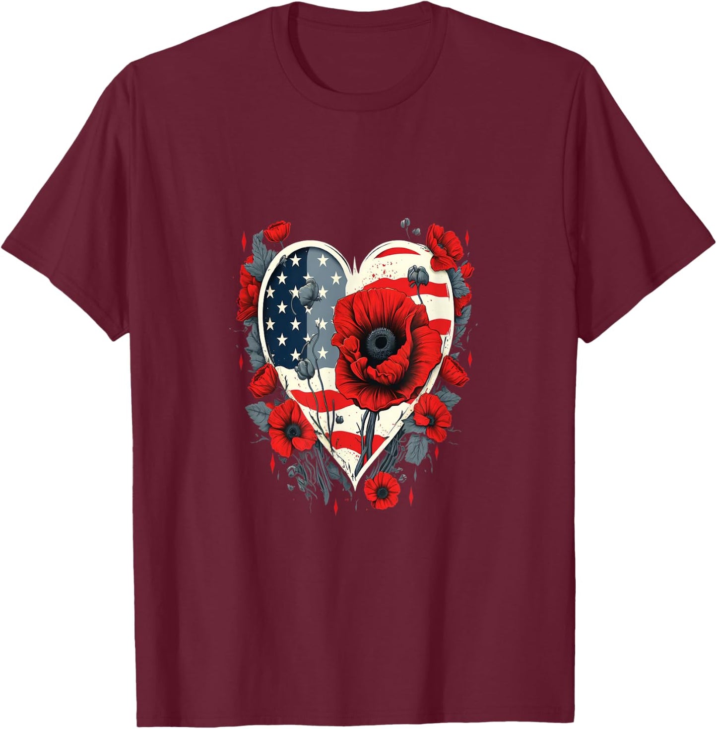 Memorial Day Red Poppy Flower USA Heart Flag 4th of July T-Shirt - T-Shirt | Maroon