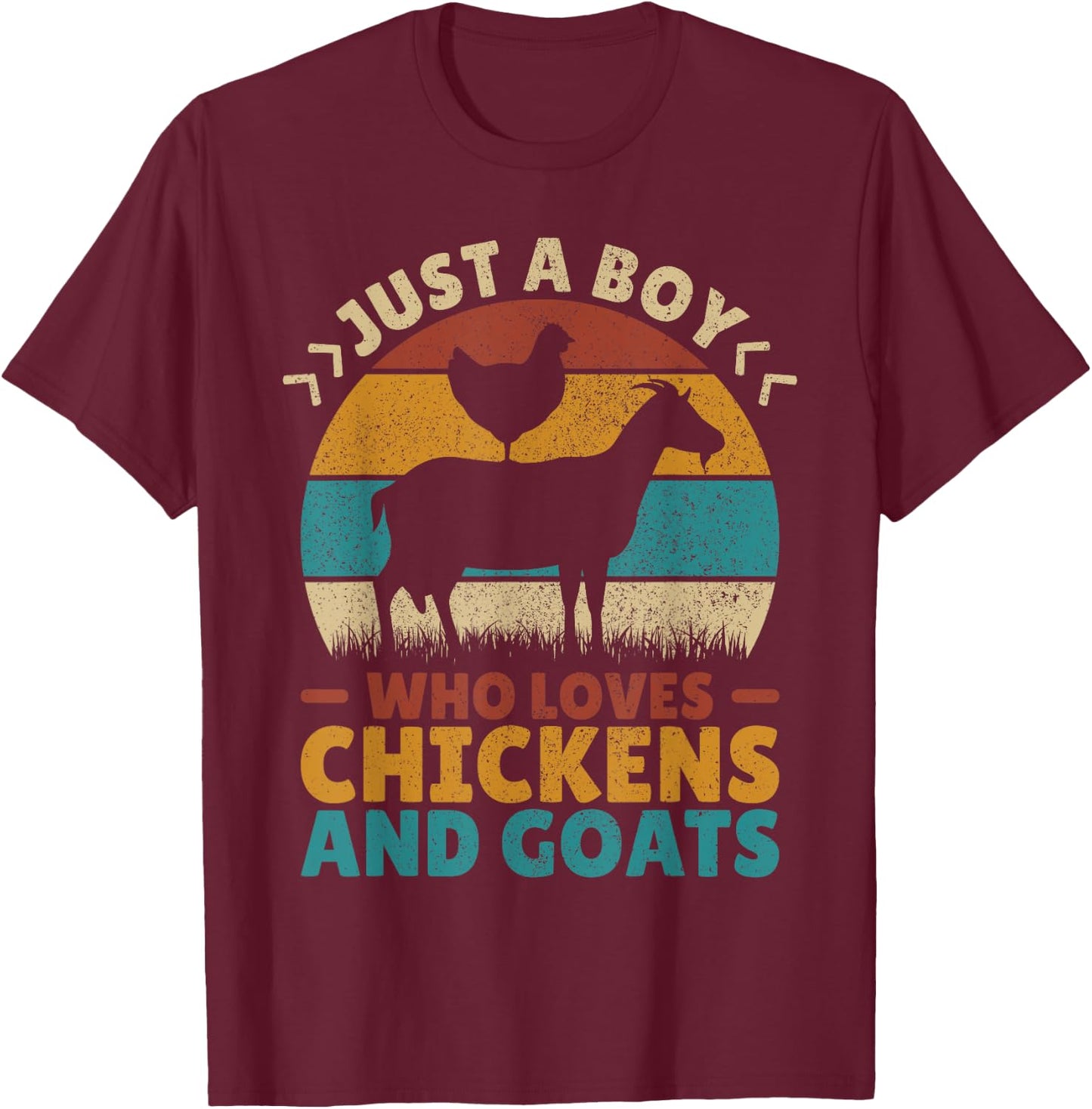 Just A Boy Who Loves Chickens Goats Farm Animal Lover Farmer T-Shirt - T-Shirt | Maroon