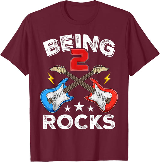 Being 2 Rocks Guitar Two Year Old Cool 2nd Birthday Kids T-Shirt - T-Shirt | Maroon