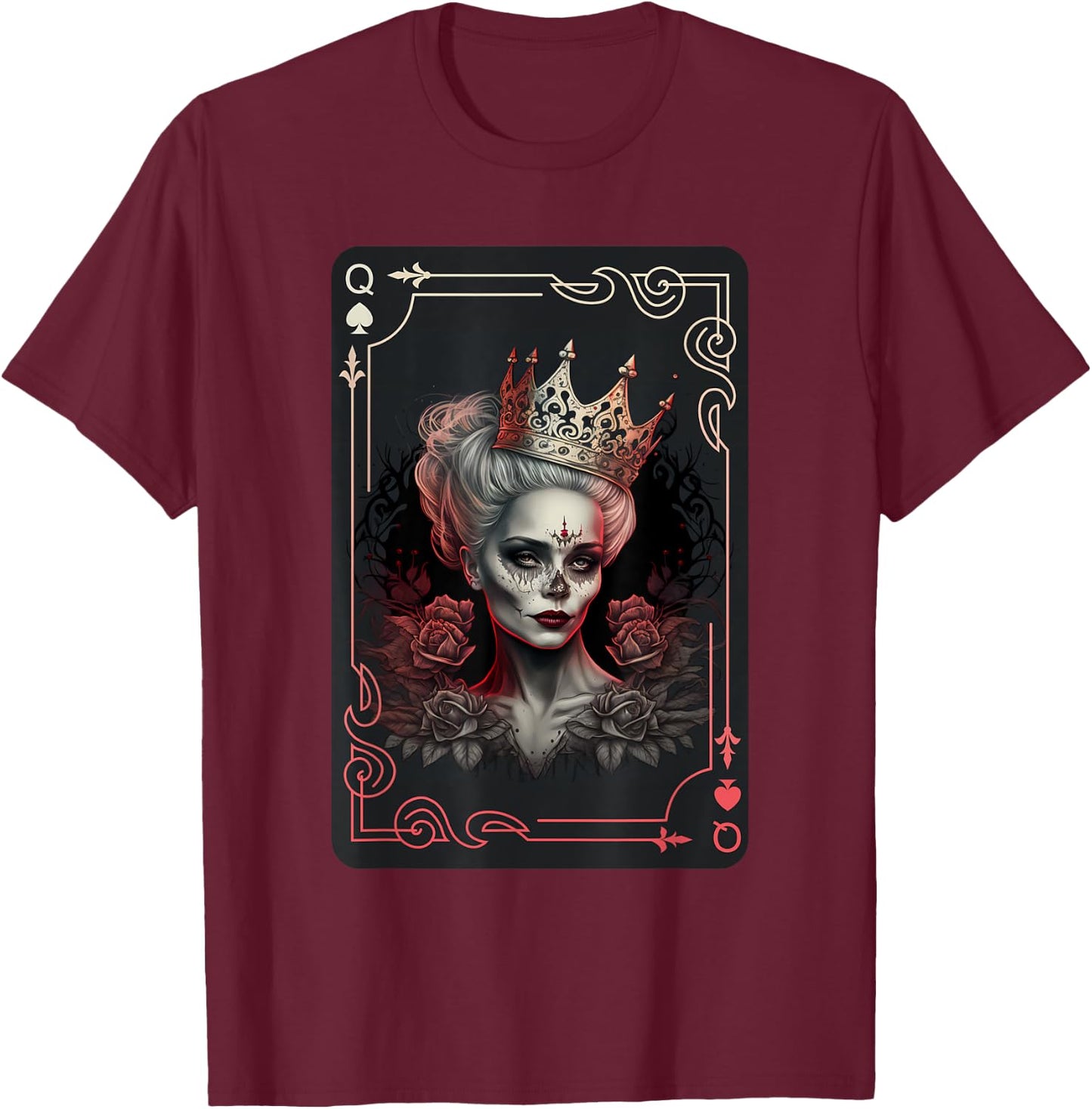 Poker Cards Queen of Spades Creepy Gothic Card Game T-Shirt - T-Shirt | Maroon