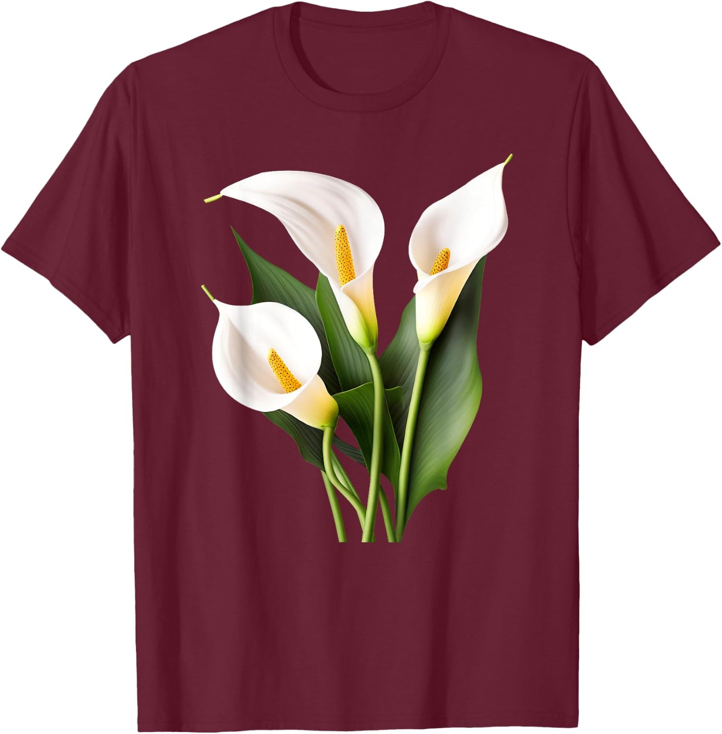 White Calla Lily Flower Illustration Novelty Graphic Designs T-Shirt - T-Shirt | Maroon