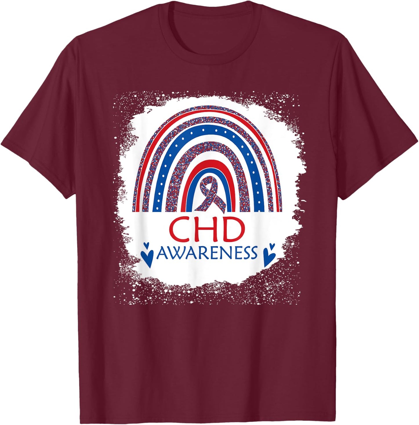 CHD Awareness Heart Disease Bleached Rainbow Blue Red Ribbon T-Shirt - T-Shirt | Maroon