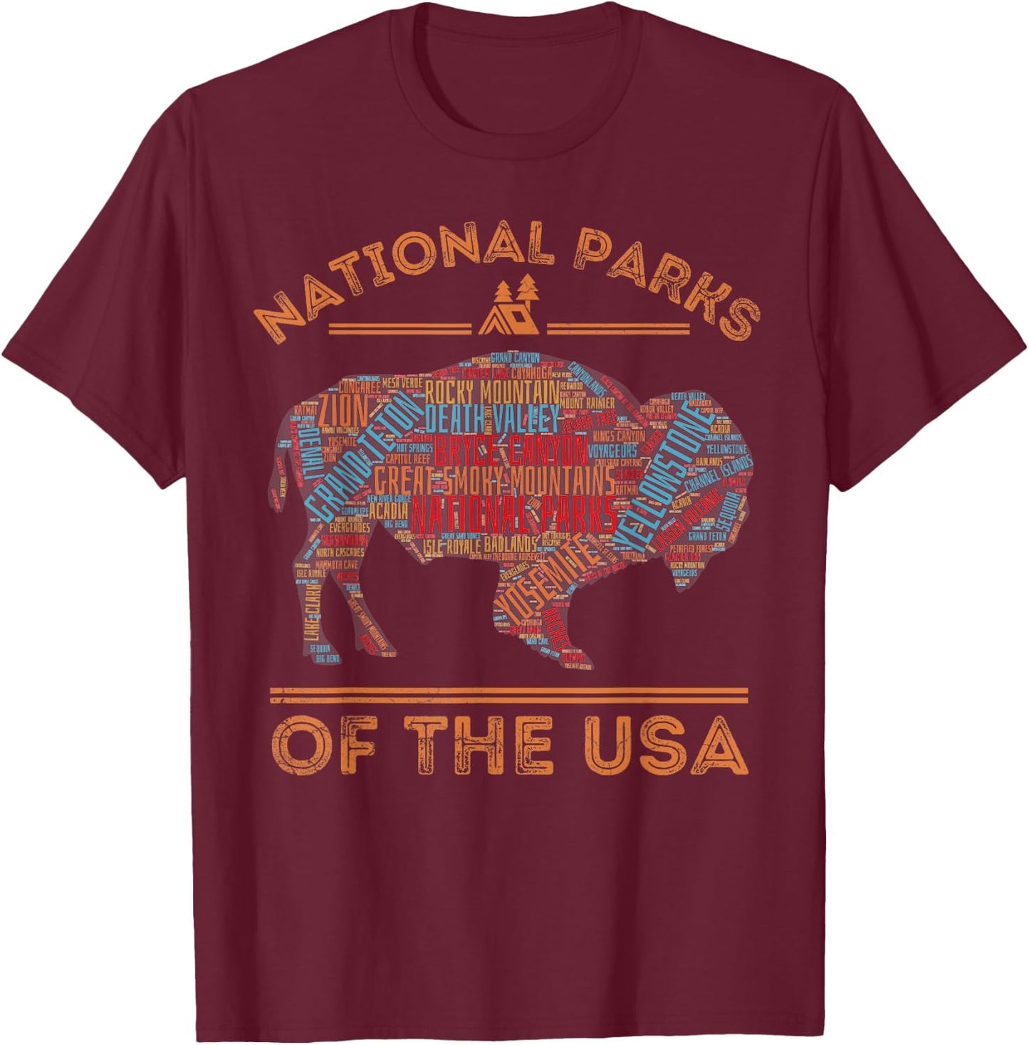 National Parks USA Buffalo Travel Outdoors Hiking Vintage T-Shirt - T-Shirt | Maroon