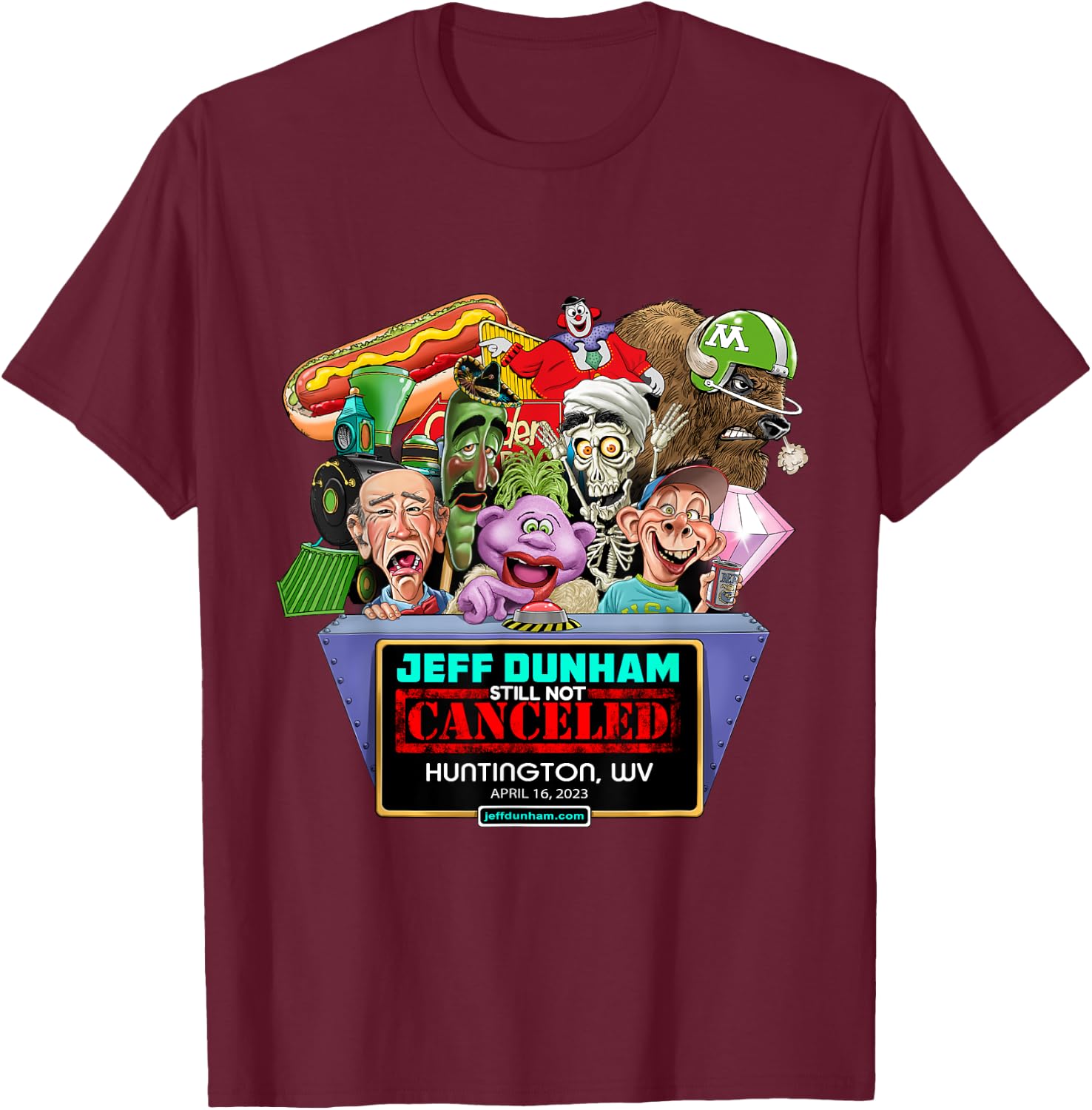Jeff Dunham Huntington, WV (2023) T-Shirt - T-Shirt | Maroon