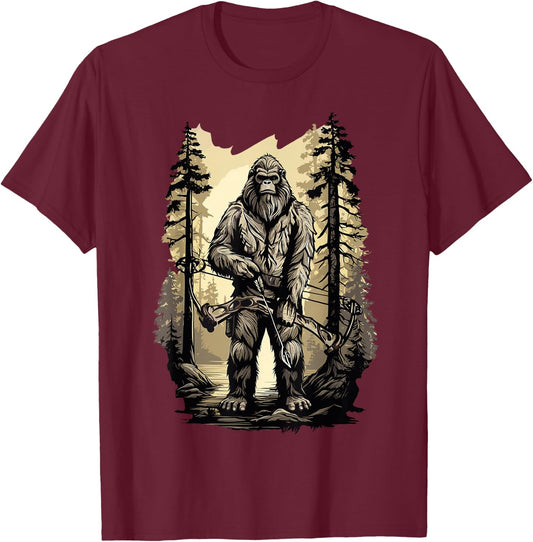 Bow Hunting Bigfoot, Funny Bow Hunting Sasquatch , Black, -Adults, Small, Short Sleeve, Classic Fit, Cotton, Polyester T-Shirt - T-Shirt | Maroon