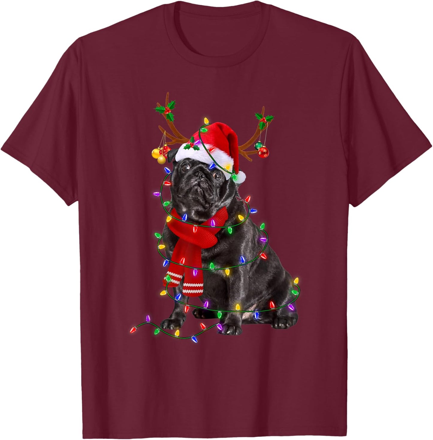 Funny Black Pug Dog Tree Christmas Lights Xmas Pajama Men Women Kids T-Shirt - T-Shirt | Maroon