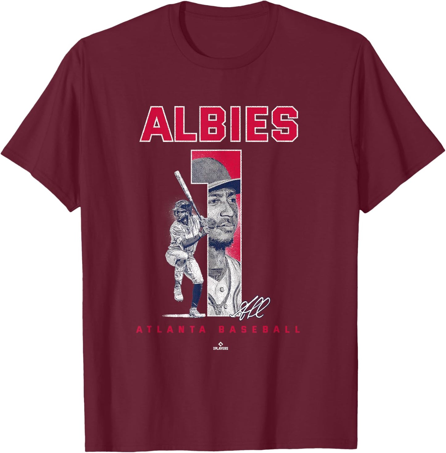 Number and Portrait Ozzie Albies Atlanta MLBPA T-Shirt - T-Shirt | Maroon