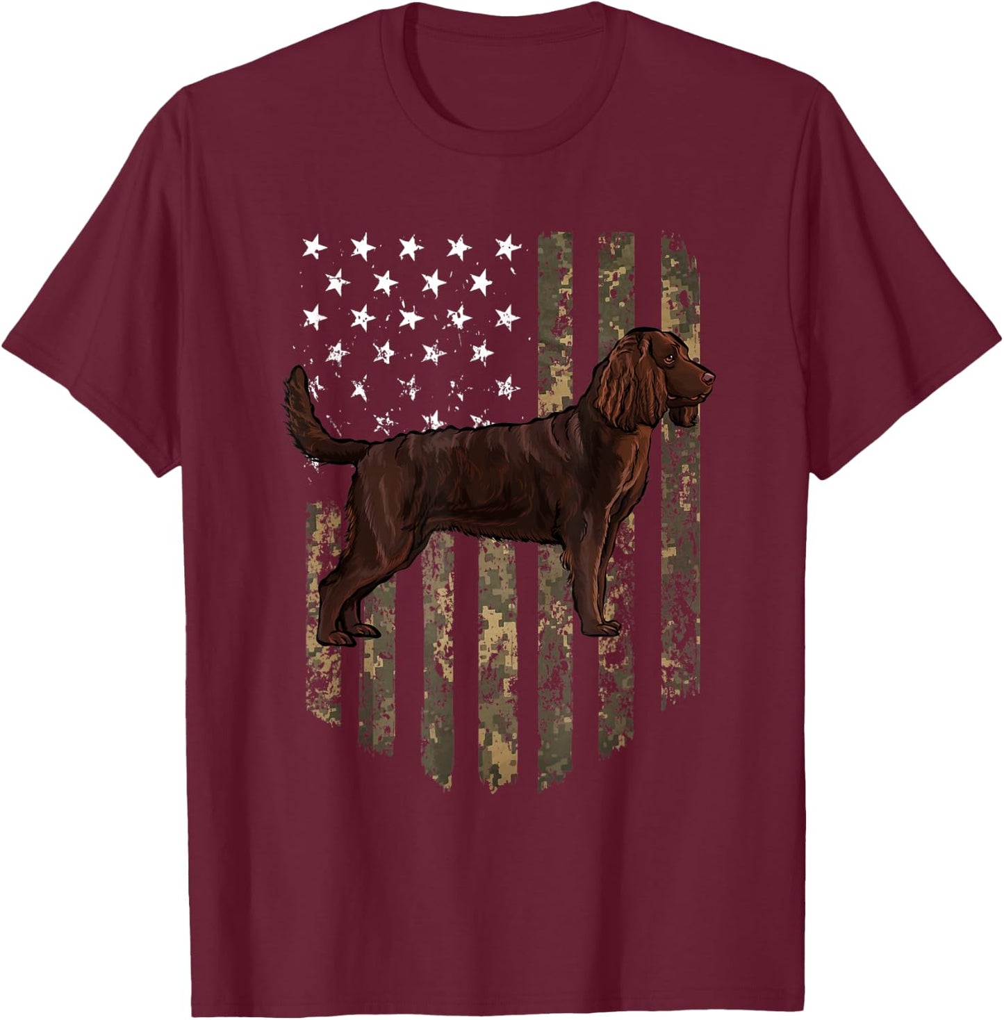Camo American Flag American Water Spaniel 4th Of July USA T-Shirt - T-Shirt | Maroon