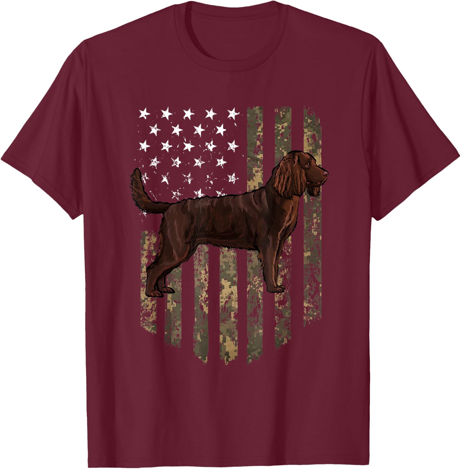 Camo American Flag American Water Spaniel 4th Of July USA T-Shirt - T-Shirt | Maroon