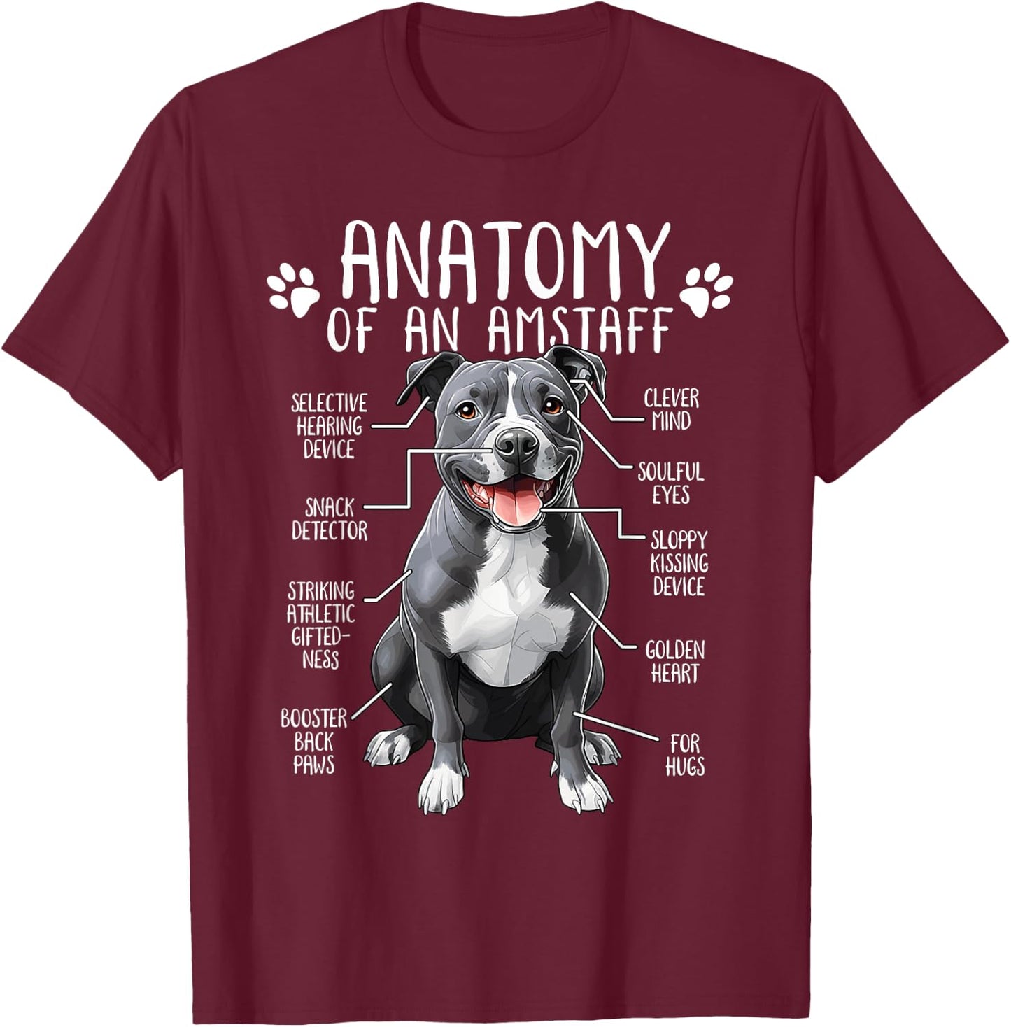 Funny American Staffordshire Terrier Clothing Amstaff Dog Anatomy - Adults Kids, Black, Small, Short Sleeve T-Shirt - T-Shirt | Maroon