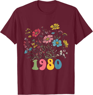 Wildflower Born 1980 45th Birthday 1980 birthday T-Shirt - T-Shirt | Maroon