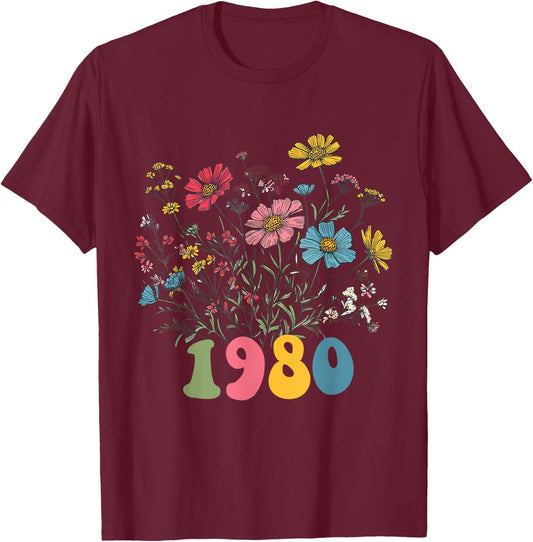 Wildflower Born 1980 45th Birthday 1980 birthday T-Shirt - T-Shirt | Maroon