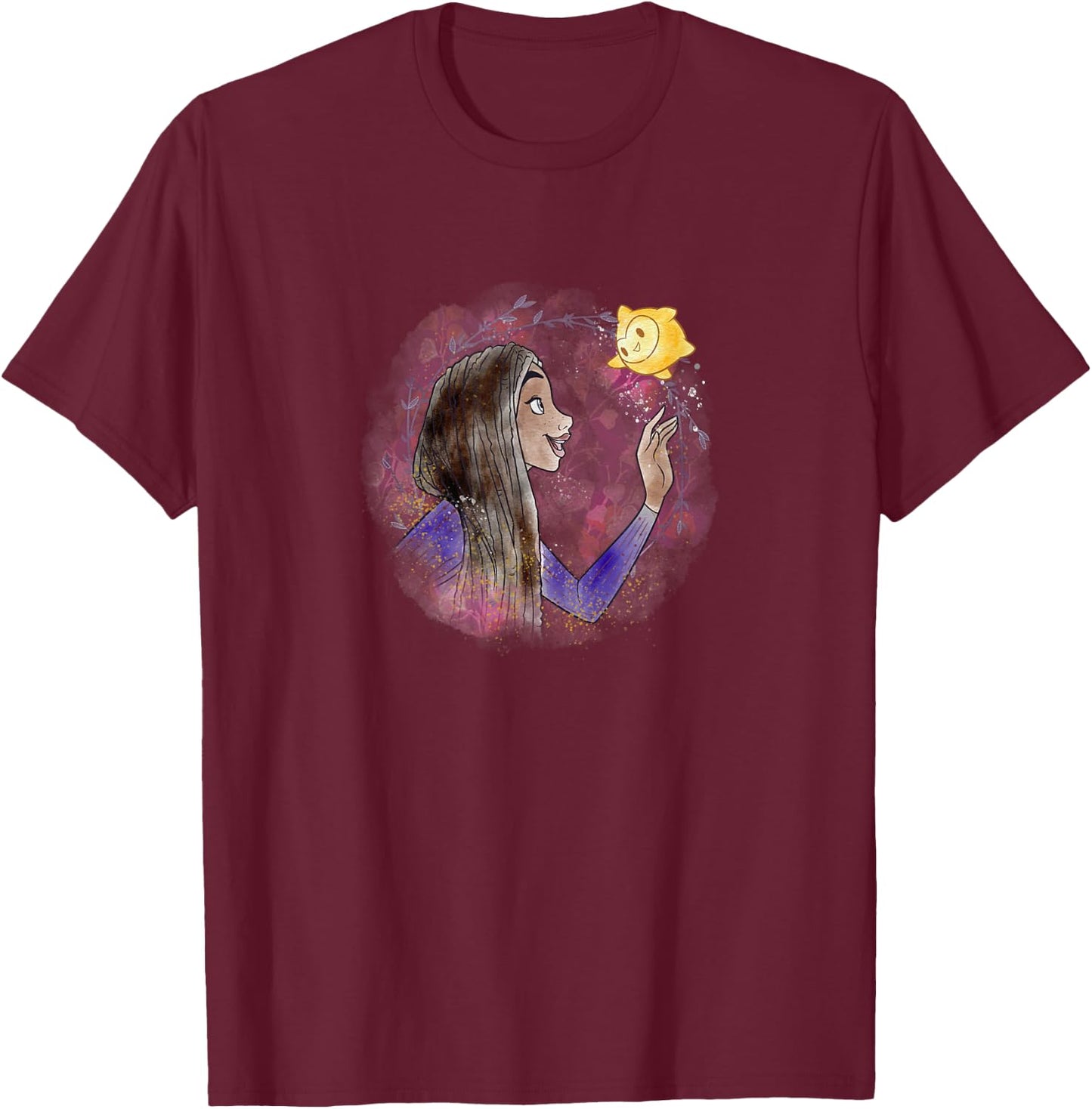 Disney Wish Asha & Star Watercolor Vignette Portrait T-Shirt - T-Shirt | Maroon