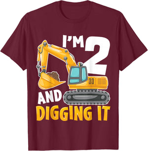 I'm Two 2 Year Old 2nd Birthday Boy Excavator Construction T-Shirt - T-Shirt | Maroon