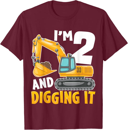 I'm Two 2 Year Old 2nd Birthday Boy Excavator Construction T-Shirt - T-Shirt | Maroon