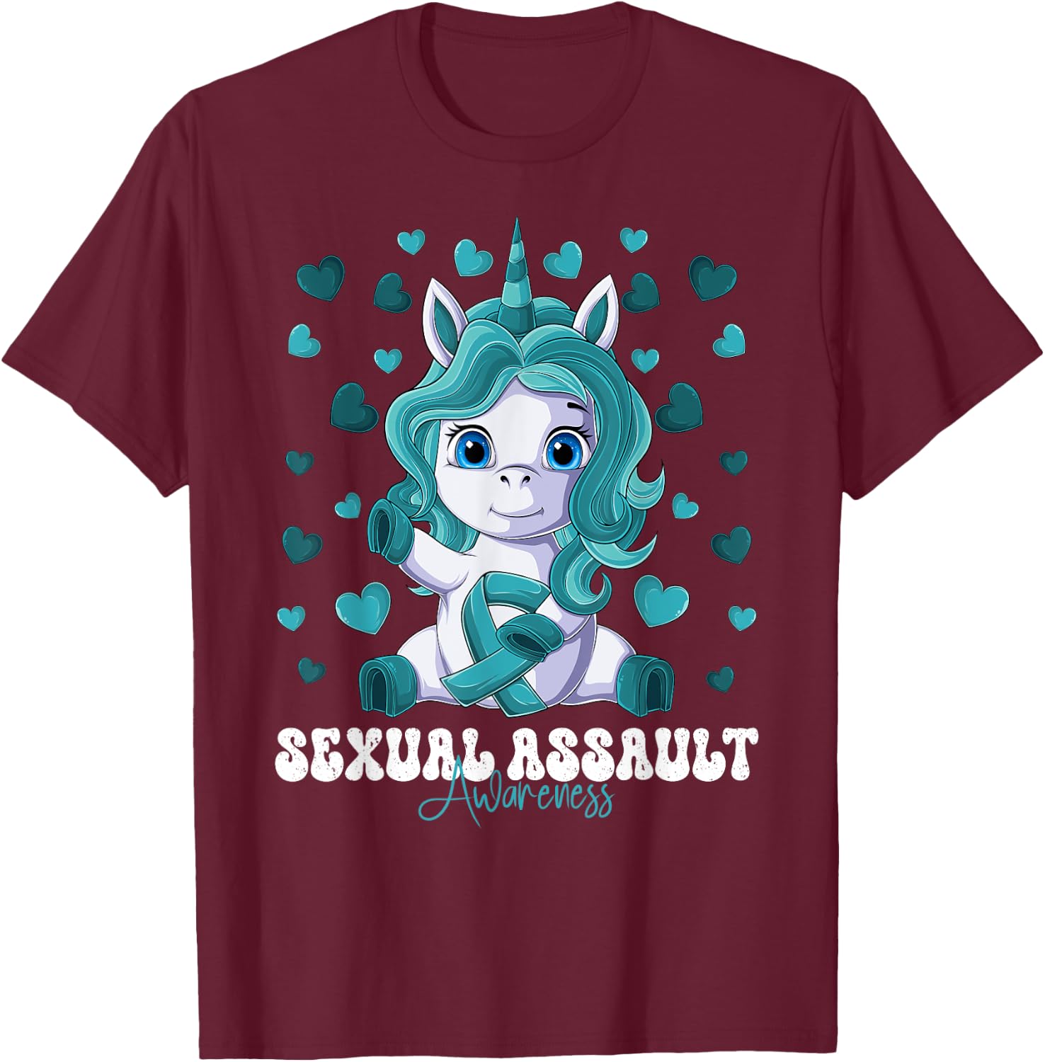 Sexual Assault Awareness Month Teal Ribbon Unicorn T-Shirt - T-Shirt | Maroon