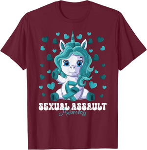 Sexual Assault Awareness Month Teal Ribbon Unicorn T-Shirt - T-Shirt | Maroon