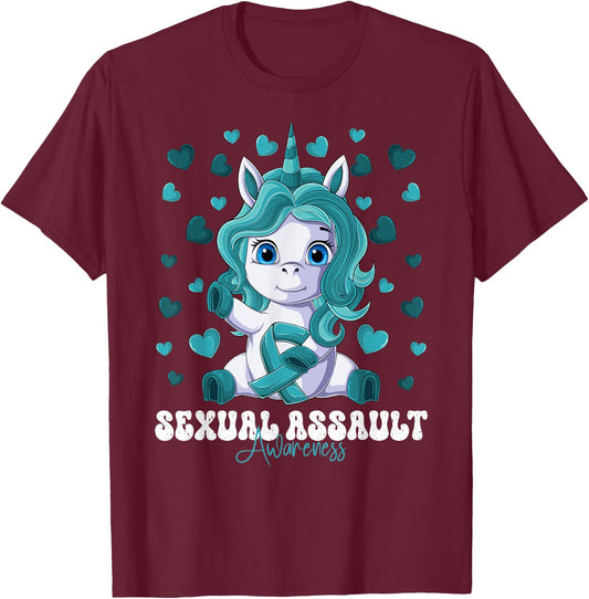 Sexual Assault Awareness Month Teal Ribbon Unicorn T-Shirt - T-Shirt | Maroon