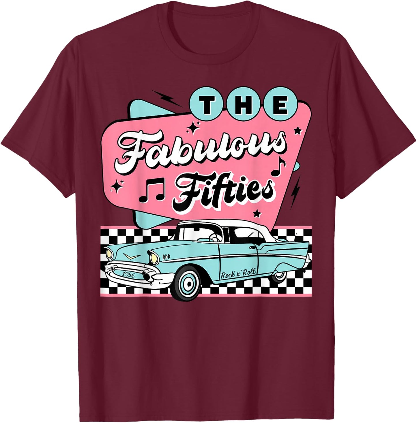 The Fifties 1950s Car Music Checkerboard Rockabilly Sock Hop T-Shirt - T-Shirt | Maroon