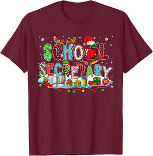 School Secretary Xmas Leopard Plaid Santa Reindeer Elf Books T-Shirt - T-Shirt | Maroon