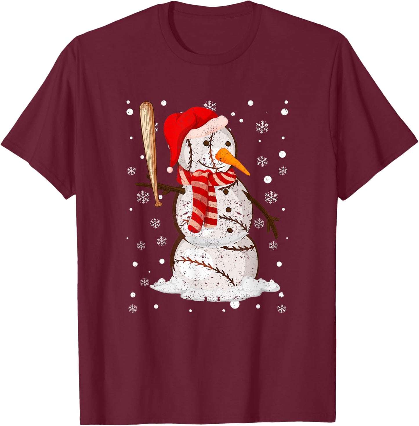 Baseball Player Snowman Balls Snow Christmas Pajama Xmas PJ T-Shirt - T-Shirt | Maroon