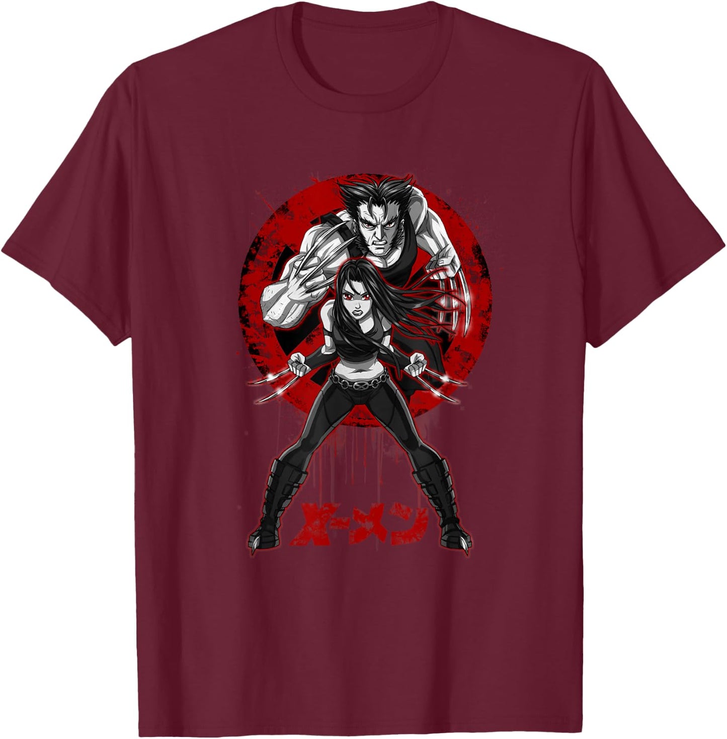 Marvel X-Men X-23 & Wolverine Manga Style Kanji Poster T-Shirt - T-Shirt | Maroon