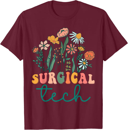 Groovy Wildflower Surgical Tech T-Shirt - T-Shirt | Maroon