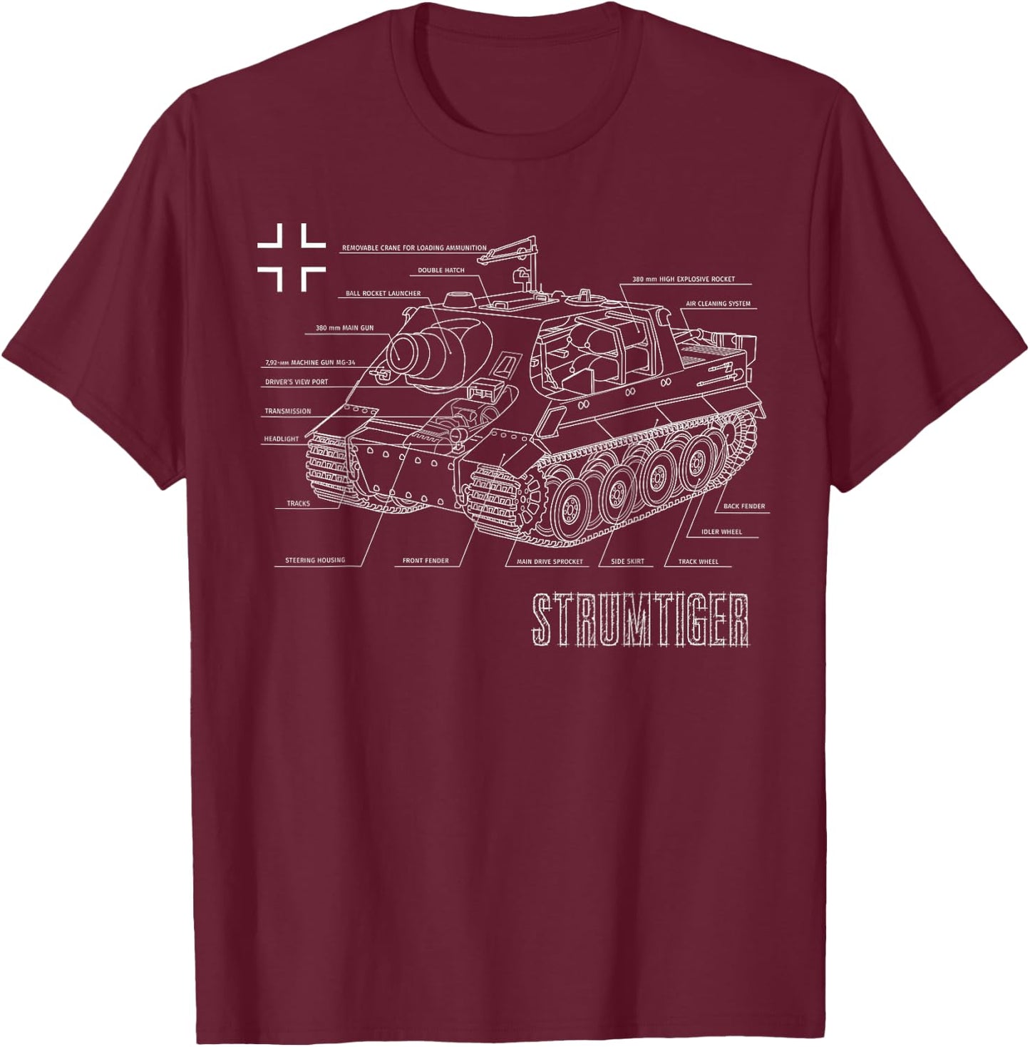 World War 2 German Tank Storm Tiger Blueprint T-Shirt - T-Shirt | Maroon