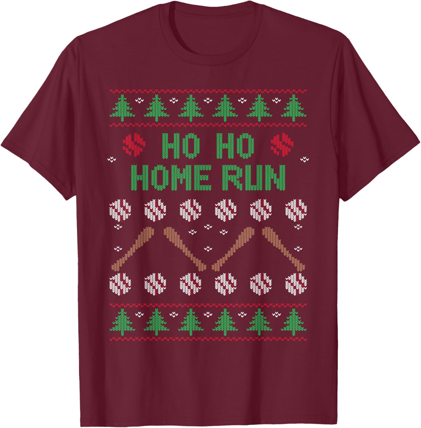 Ho Ho HOME Run Funny Ugly Christmas apparel Baseball lover T-Shirt - T-Shirt | Maroon