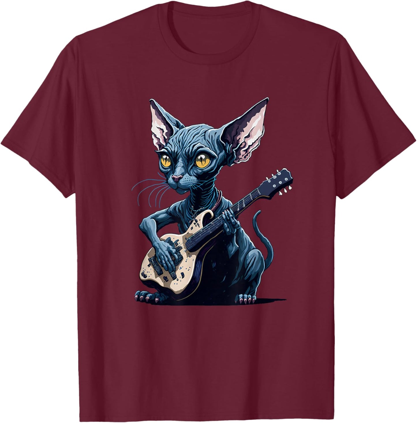 Hairless Sphynx Cat playing guitar Women Girls Kids T-Shirt - T-Shirt | Maroon